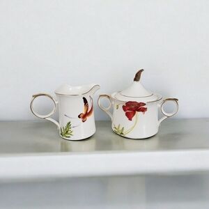 Vintage Bombay Creamer & Sugar Bowl Set Whimsical Poppies & Butterflies